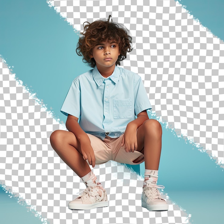 PSD ansioso menino com cabelo ondulado da etnia das ilhas do pacífico vestido com trajes de blogueiro posa em um estilo sitting with legs stretched out contra um fundo azul pastel