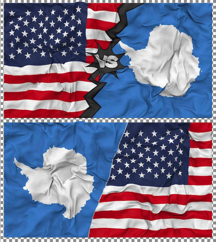 PSD antártida contra estados unidos media bandera combinada tela textura de golpe relación bilateral renderización en 3d