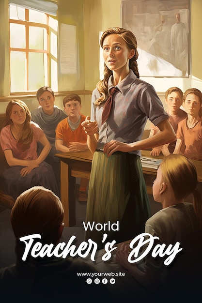 PSD antecedentes del día mundial del maestro y puestos de docentes en el centro de un aula tradicional