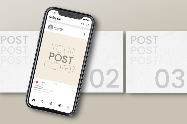 PSD anteprima del post del feed di instagram 4 con mockup di telefono cellulare con colori pastello