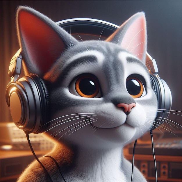 PSD anthropomorphe katzen-tierfigur, die musik mit 3d-fotorealistischem stil hört