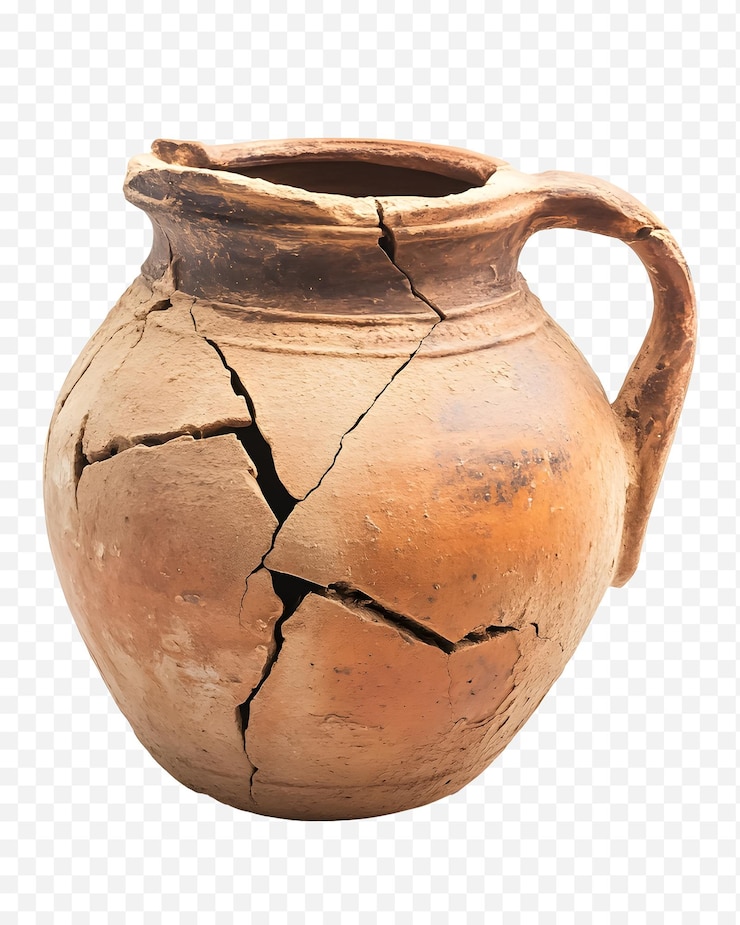 PSD antica anfora fratturata di terracotta isolata sfondo trasparente