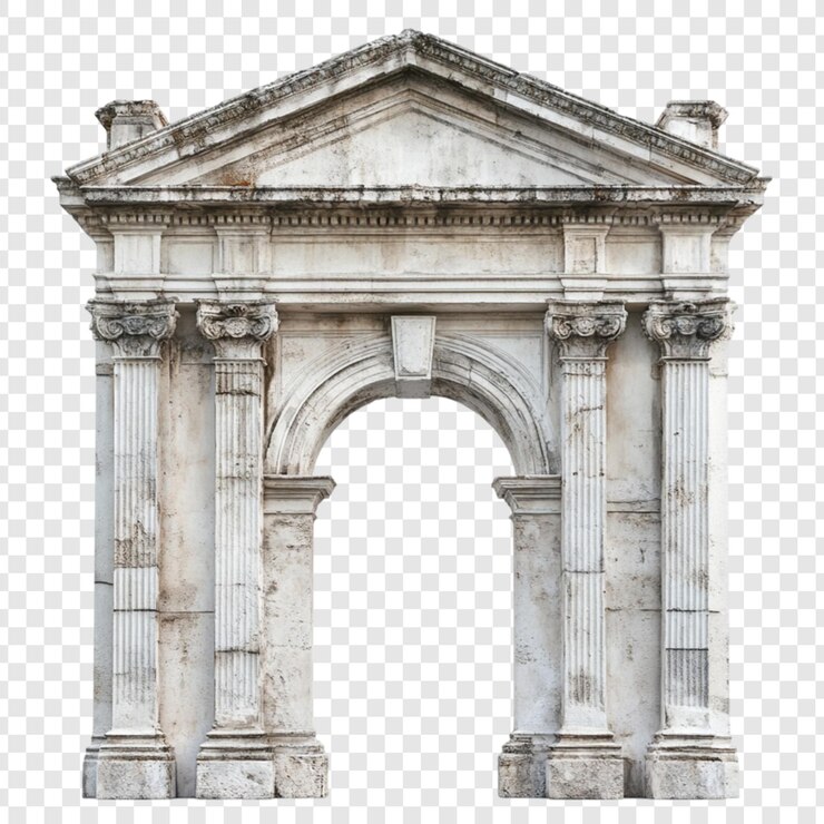 PSD antica arcata romana colonne in pietra, facciata deteriorata, dettagli architettonici, struttura storica, design classico, ingresso elegante, porta d'ingresso maestosa, elemento architettonico, rovine antiche.