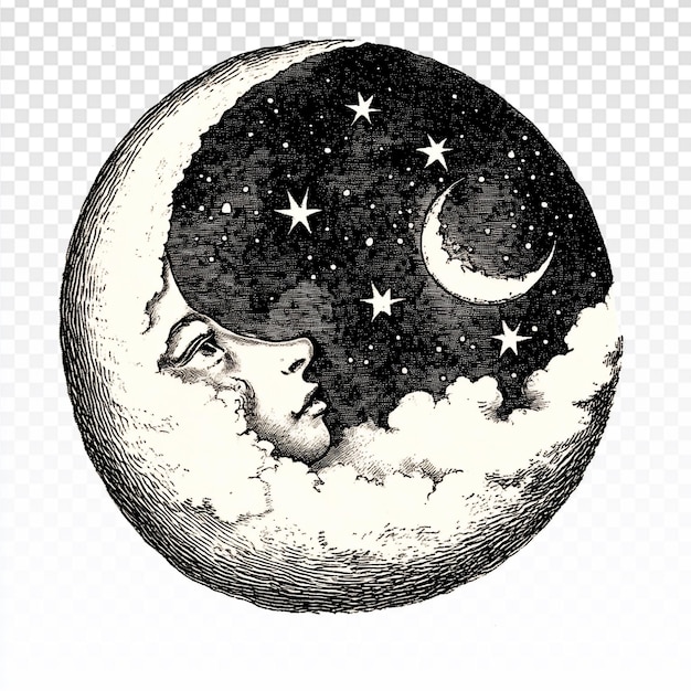 Antica illustrazione celeste illuminata dalla luna su sfondo bianco