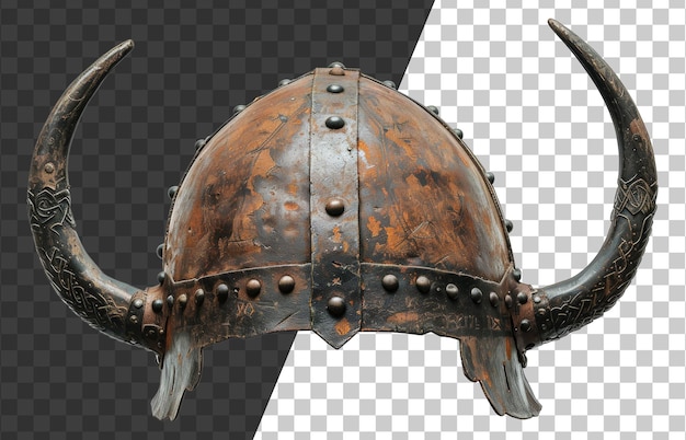 Antico casco vichingo norreno con intricate lavorazioni metalliche e corna su sfondo trasparente png