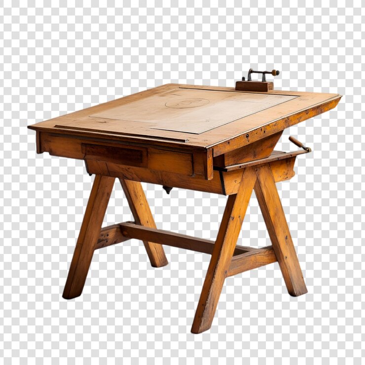 PSD antiga mesa de dibujo de madera con superficie inclinada detalles del diseño