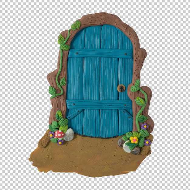 PSD antiga porta de madeira azul feita de plasticina. lar dos gnomos e hobbits. porta de conto de fadas místico