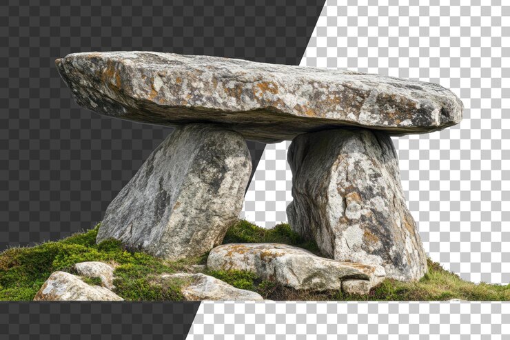 PSD antigo dolmen de pedra cercado de vegetação em uma encosta durante o dia cortado em stock png