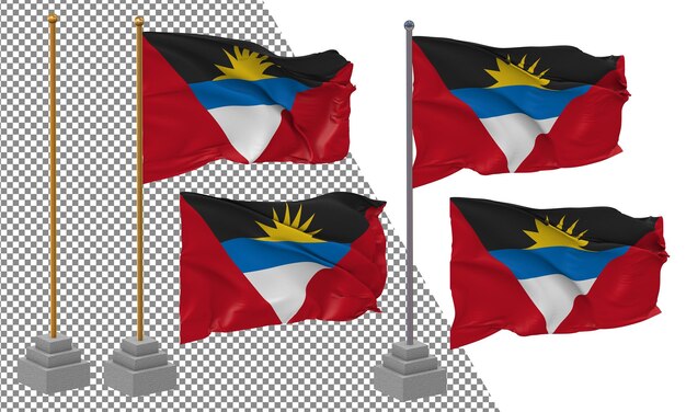 Antigua and Barbuda Flag Waving Different Style With Stand Pole Isolated 3D Rendering
