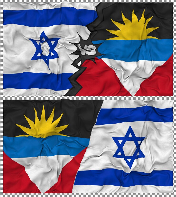 PSD antigua y barbuda contra israel media bandera combinada construcción de la textura de la tela 3d