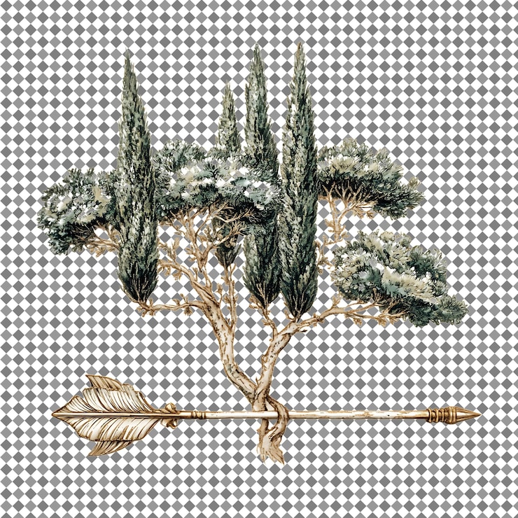 PSD una antigua flecha de oro atraviesa un árbol decorativo
