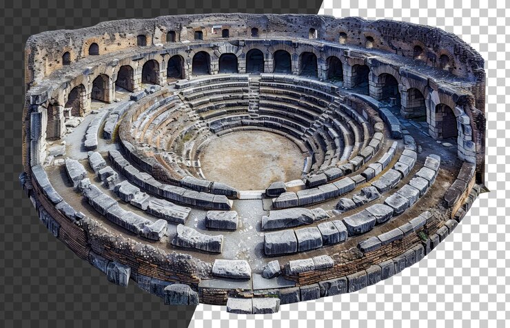 PSD el antiguo anfiteatro romano en ruinas que muestra la arquitectura histórica cortada en stock png