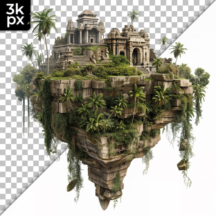 PSD el antiguo complejo del templo en una isla flotante