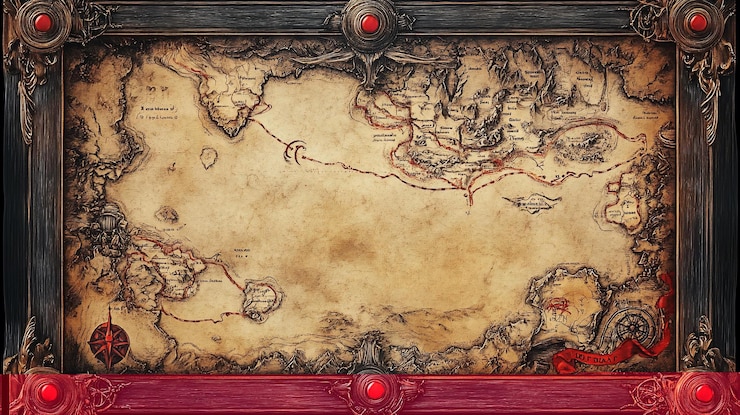 PSD antiguo mapa del mundo enmarcado con acentos rojos que muestran continentes, islas y rutas