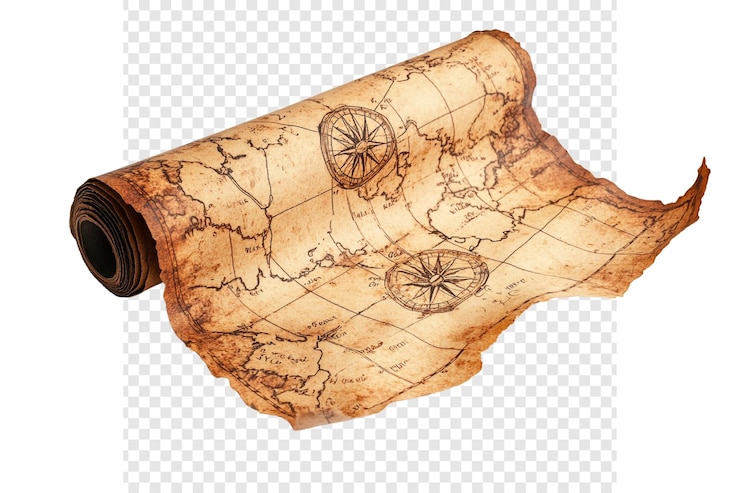 PSD antiguo mapa del mundo enrollado con brújula