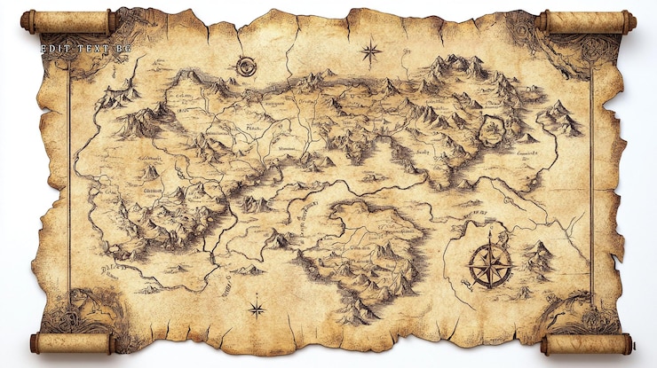 PSD antiguo mapa del tesoro en un pergamino envejecido con tierra de fantasía dibujada a mano montañas ríos y brújula rosa