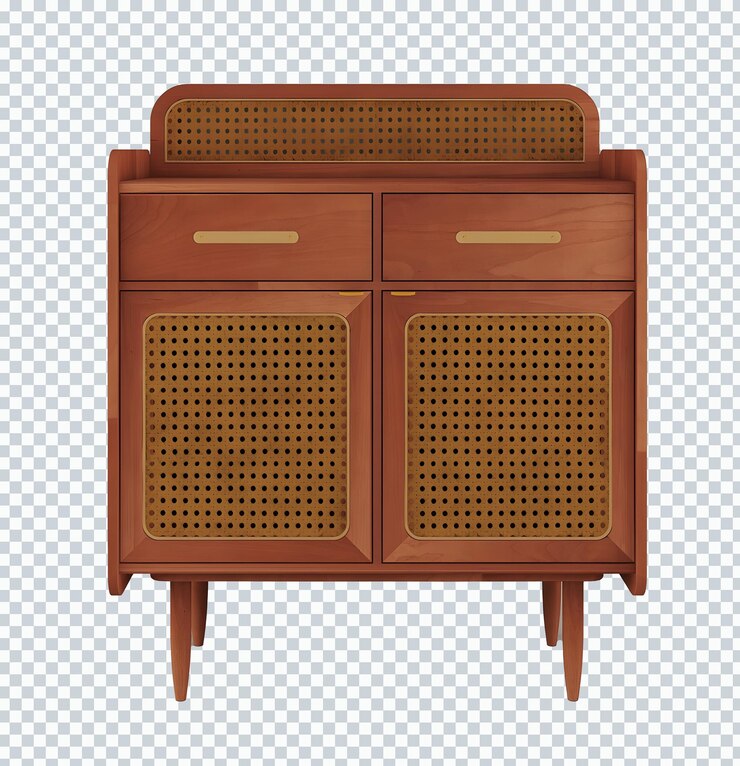 PSD antiguo mueble retro vintage de madera y ratán. transparente