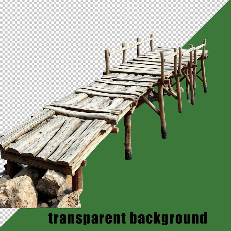 PSD antiguo muelle de madera que se extiende sobre rocas que representan una construcción rústica en un fondo transparente