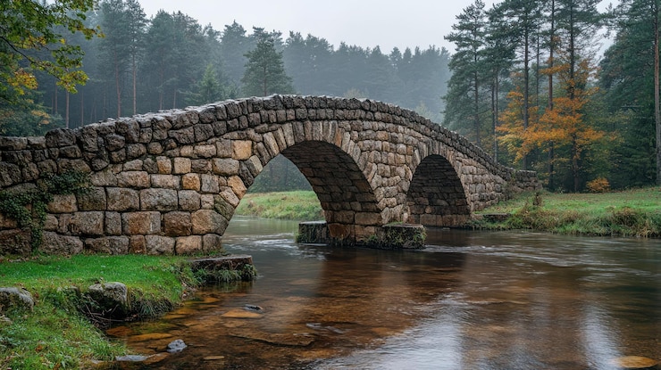 PSD un antiguo puente de arco de piedra atraviesa un río tranquilo en un bosque de niebla