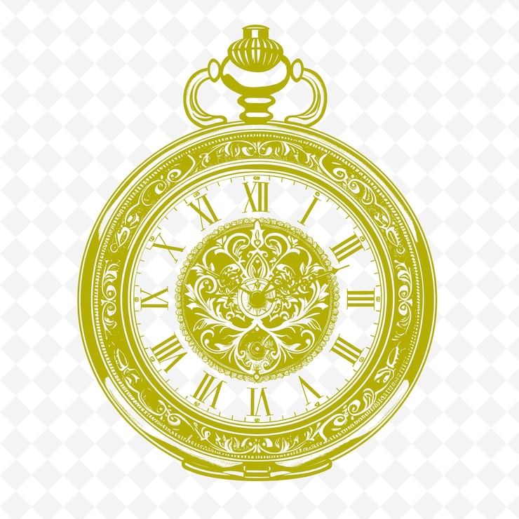 PSD antike taschenuhr mit komplizierten gravuren und schwarzen und png-outline-flachillustrationen