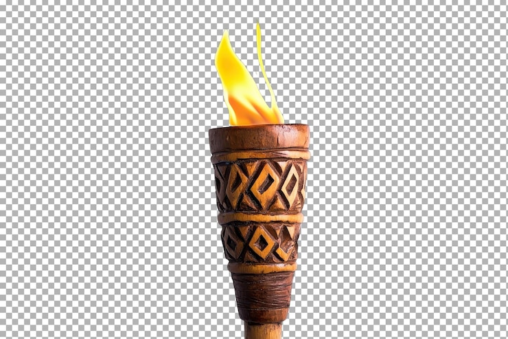 PSD antorcha tiki decorativa con llama vibrante contra un fondo plano perfecta para reuniones y celebraciones al aire libre