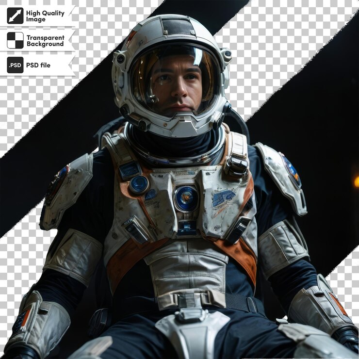 PSD un anuncio para un astronauta se muestra con un traje espacial en