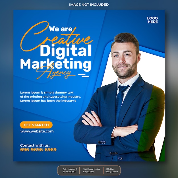 Un anuncio azul para una empresa de marketing digital.