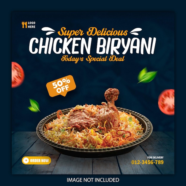 Anuncio de banner de publicación de venta de biryani de pollo