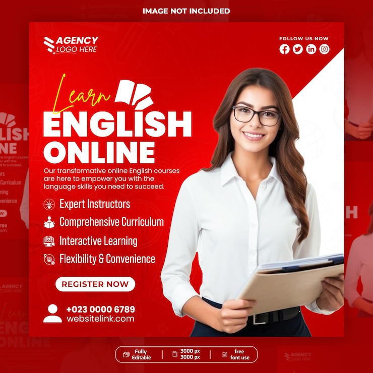 PSD anuncio de clase en línea de inglés hablado plantilla de banner de publicación en redes sociales