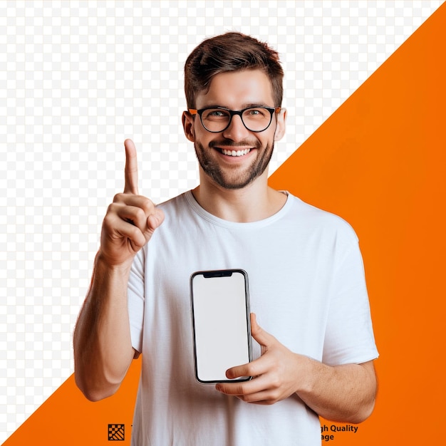 PSD anúncio de aplicativo móvel homem bonito e entusiasmado mostrando apontando para a tela branca vazia do smartphone posando sobre o fundo isolado do estúdio laranja sorri para a câmera verifique isso no ecrã do celular