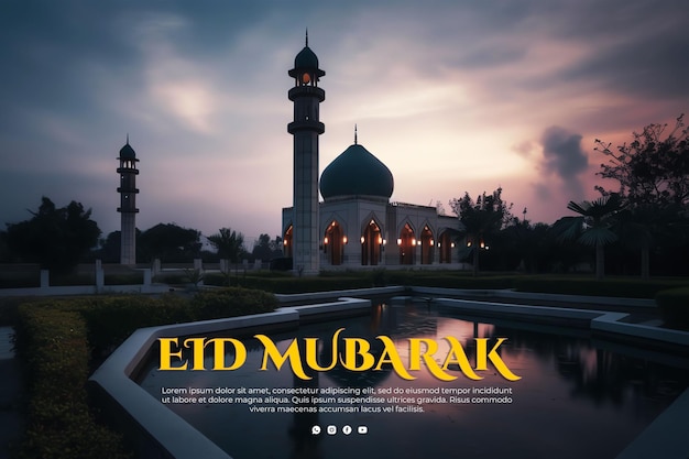 Un anuncio de eid mubarak con una mezquita de fondo.
