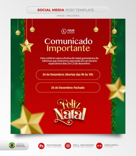 Anuncio de feliz navidad en las redes sociales en portugués renderizado en 3d para marketing en templos brasileños