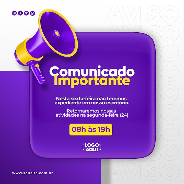anúncio importante de mídia social com renderização 3d de ícone de megafone em português brasileiro