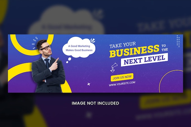 Un anuncio morado y amarillo para un sitio web comercial.
