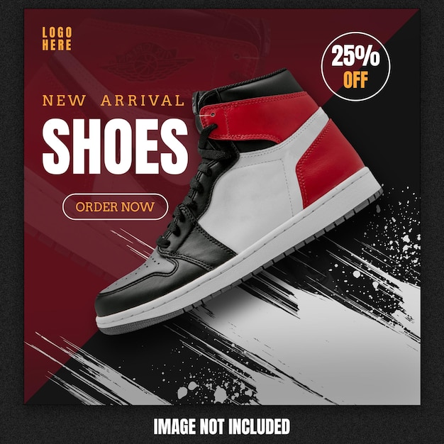 Un anuncio de zapatos rojo y blanco para un zapato recién llegado