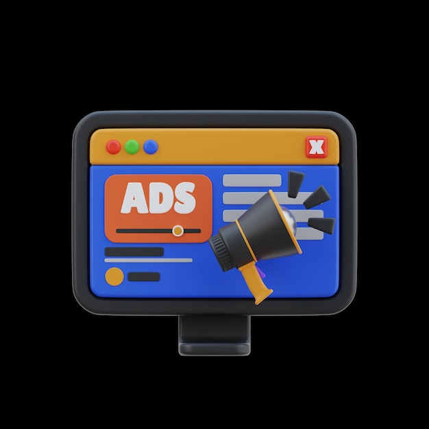 Anuncios web de marketing digital con icono 3D en la plantilla PNG