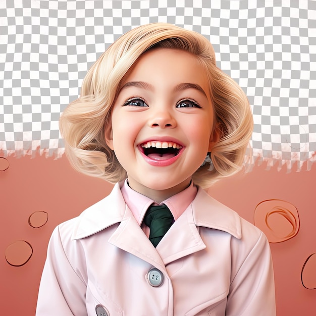 PSD anxieux enfant fille aux cheveux blonds de l'ethnie slave vêtu d'une tenue d'immunologue pose dans un style de rire ludique sur un fond de rose pastel