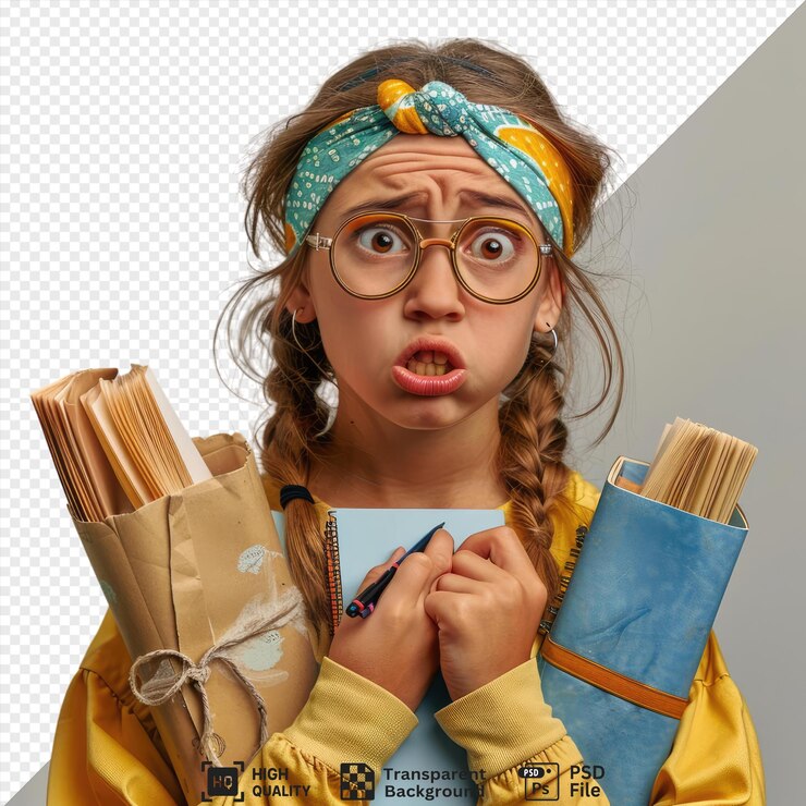 PSD anxious student with bandana glasses note pads biting fingers against white wall with small hand visible