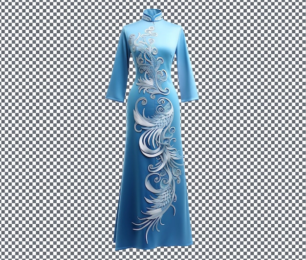 PSD ao dai en soie bleue élégante avec une broderie de paon isolée sur un fond transparent
