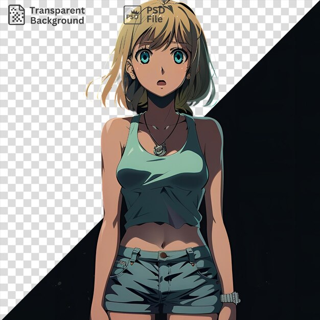 Aoi Miyamori De Shirobako Avec Ses Yeux Bleus Frappants Et Ses Cheveux Bruns Porte Un Collier D'argent Et Un Short Bleu Tandis Que Son Long Bras Et Sa Main Sont Visibles Dans