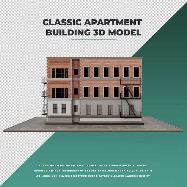 Apartamento ou modelo de edifício clássico 3D com vista lateral