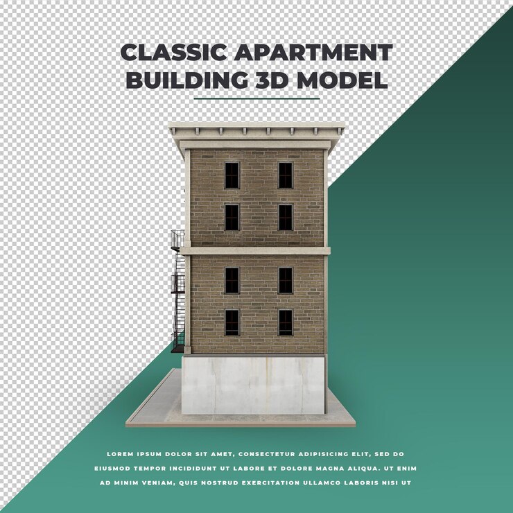 PSD apartamento ou modelo de edifício clássico 3d com vista lateral