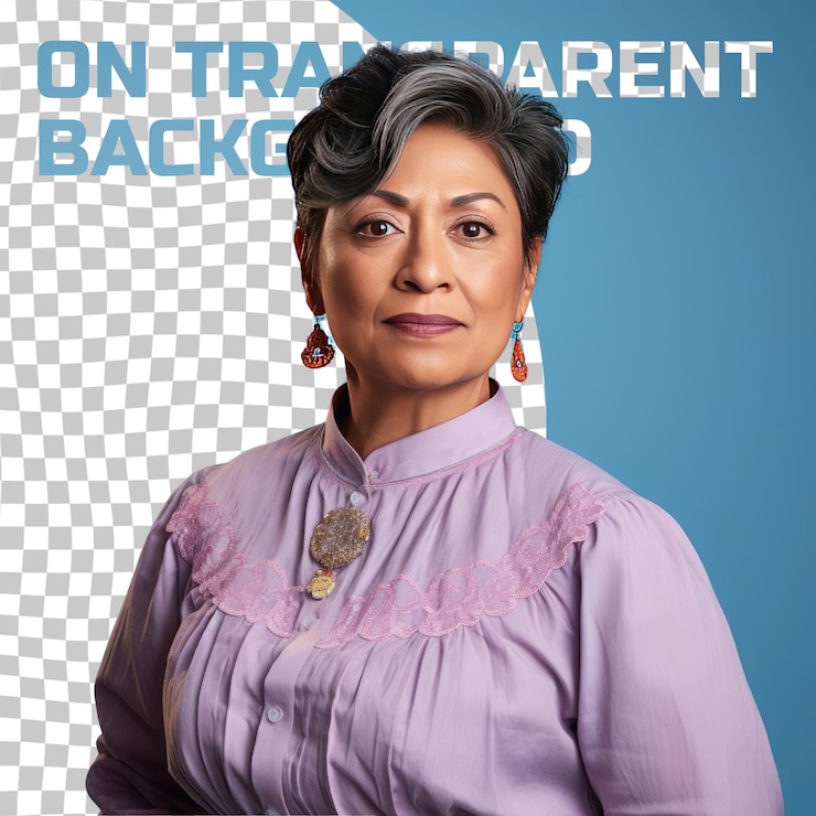 PSD una apática mujer de mediana edad con cabello corto de la etnia nativa americana vestida con atuendo de armador de gabinetes posa en un estilo chin on hand contra un fondo pastel periwinkle