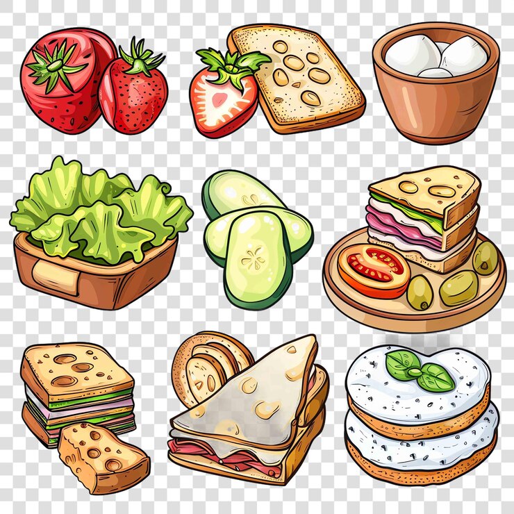 PSD aperitivos de fondo transparente con acuarela y clipart
