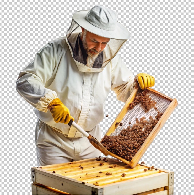 PSD apicoltore che estrae miele sfondo trasparente