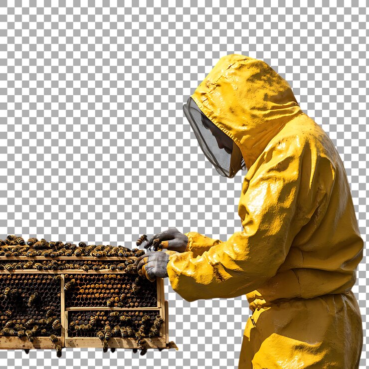 PSD apicoltore png con attrezzature di protezione e alveare isolato su uno sfondo trasparente per l'agricoltura, l'apicoltura o la consapevolezza ambientale