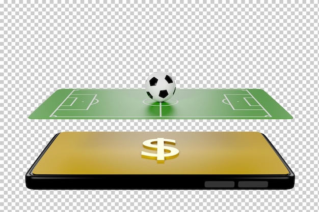 Aplicação online de futebol no smartphone Tela de campos de futebol telefone celular conceito de notícias de futebol canal de esporte renderização em 3d