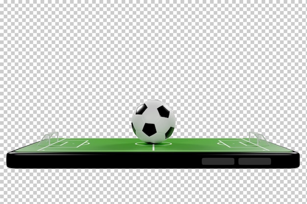 Aplicação online de futebol no smartphone tela de campos de futebol telefone celular conceito de notícias de futebol canal de esporte renderização em 3d