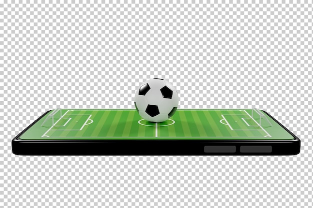 Aplicación en línea de fútbol en el teléfono inteligente pantalla de campos de fútbol teléfono móvil concepto de noticias de fútbol canal deportivo representación 3d