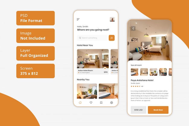 PSD aplicación móvil de reserva de habitación de hotel ui